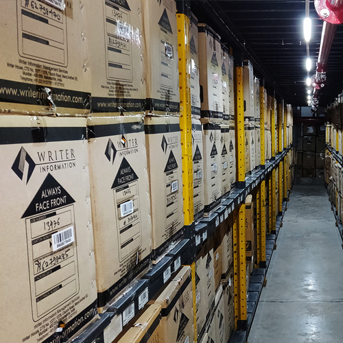 Storage of hard copy documents into corrugated cartons based on modular racks for easy accessibility. 